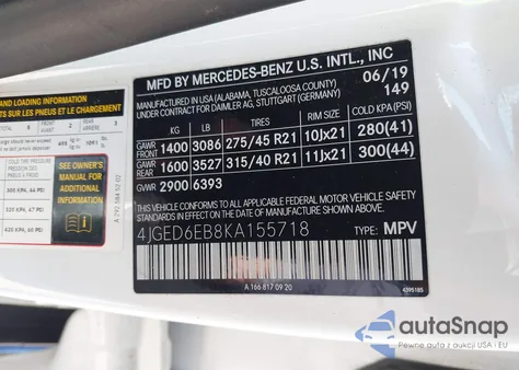 2019 Mercedes-Benz Amg Gle 43 Coupe 4Matic z USA, uszkodzony, nr VIN 4JGED6EB8KA155718